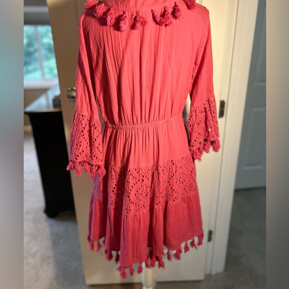 Sundance Renata Pink Beach Boho Tassel Eyelet Tiered Ruffle Sleeve Dress - Picture 7 of 13